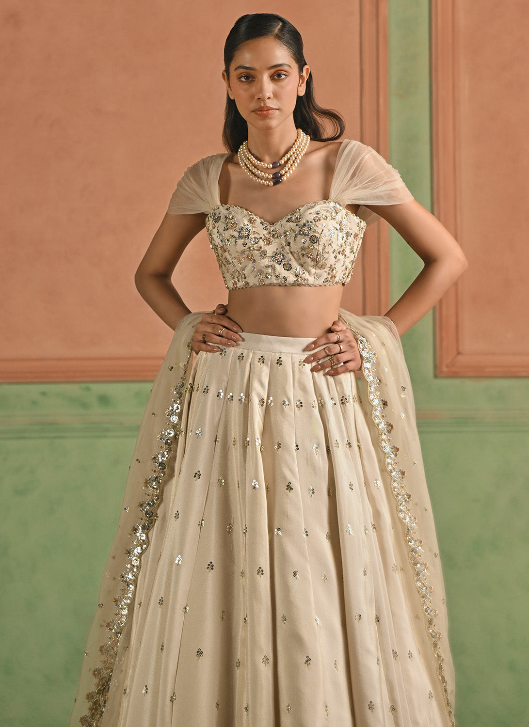 Cream Embroidered Viscose Tissue Lehenga