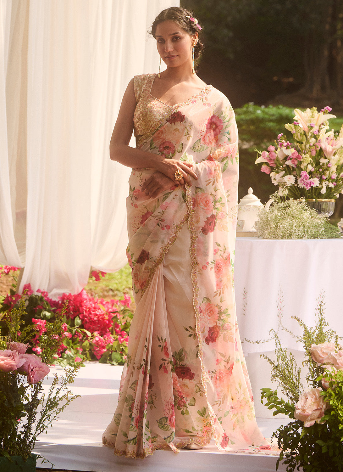 Ivory Multicolor Floral Embroidered Saree