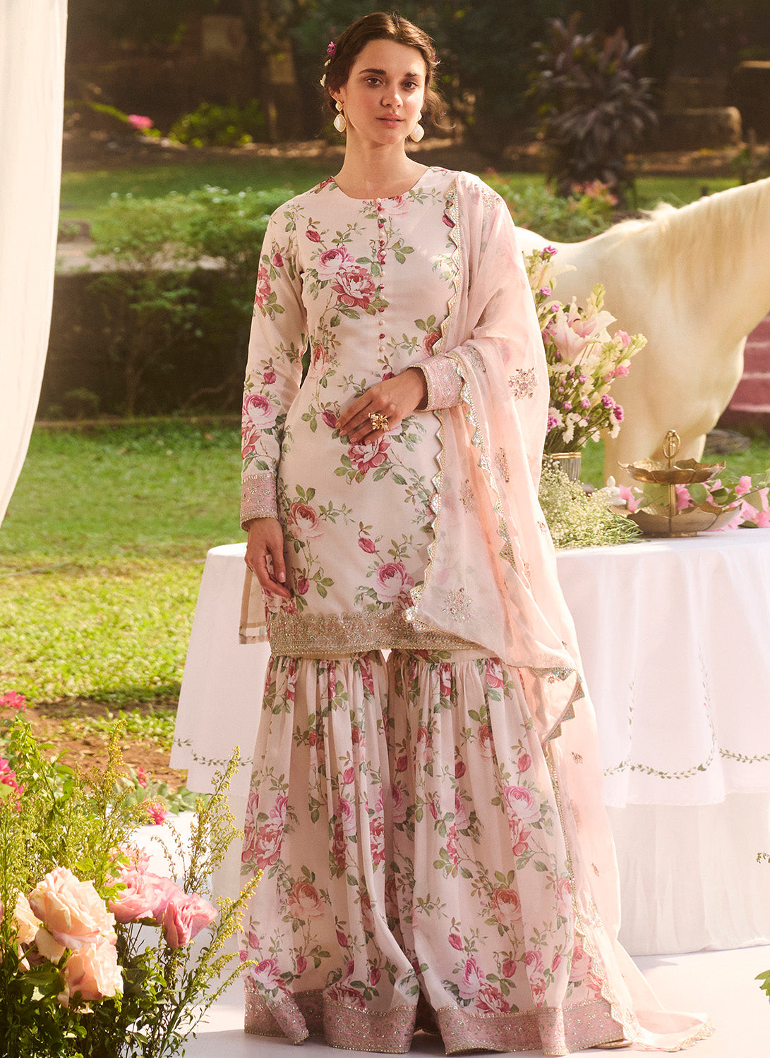 Ivory Multicolor Floral Printed Gharara Suit