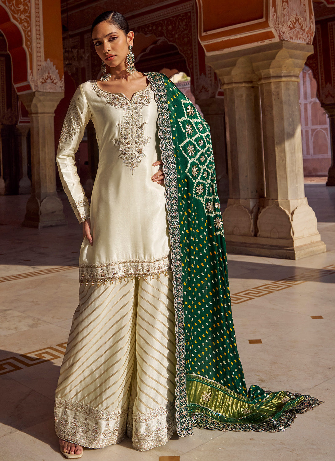 Ivory and Green Embroidered Pure Bandhani Sharara
