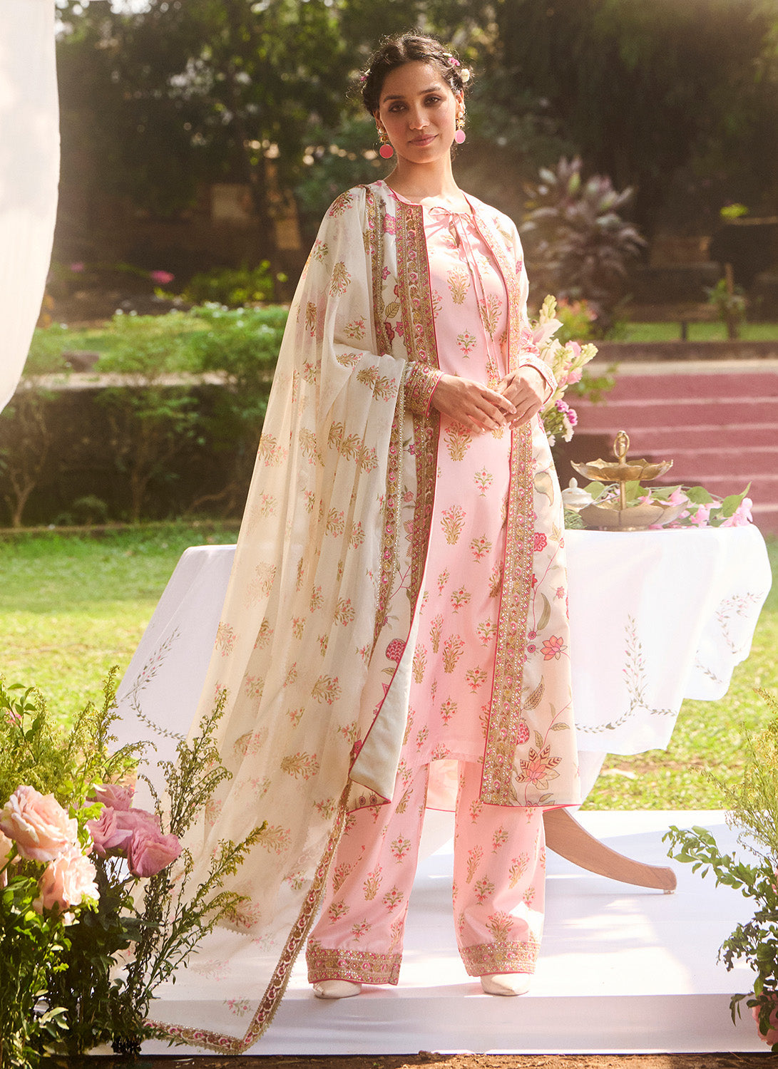 Ivory and Pink Floral Embroidered Pant Set With Jacket