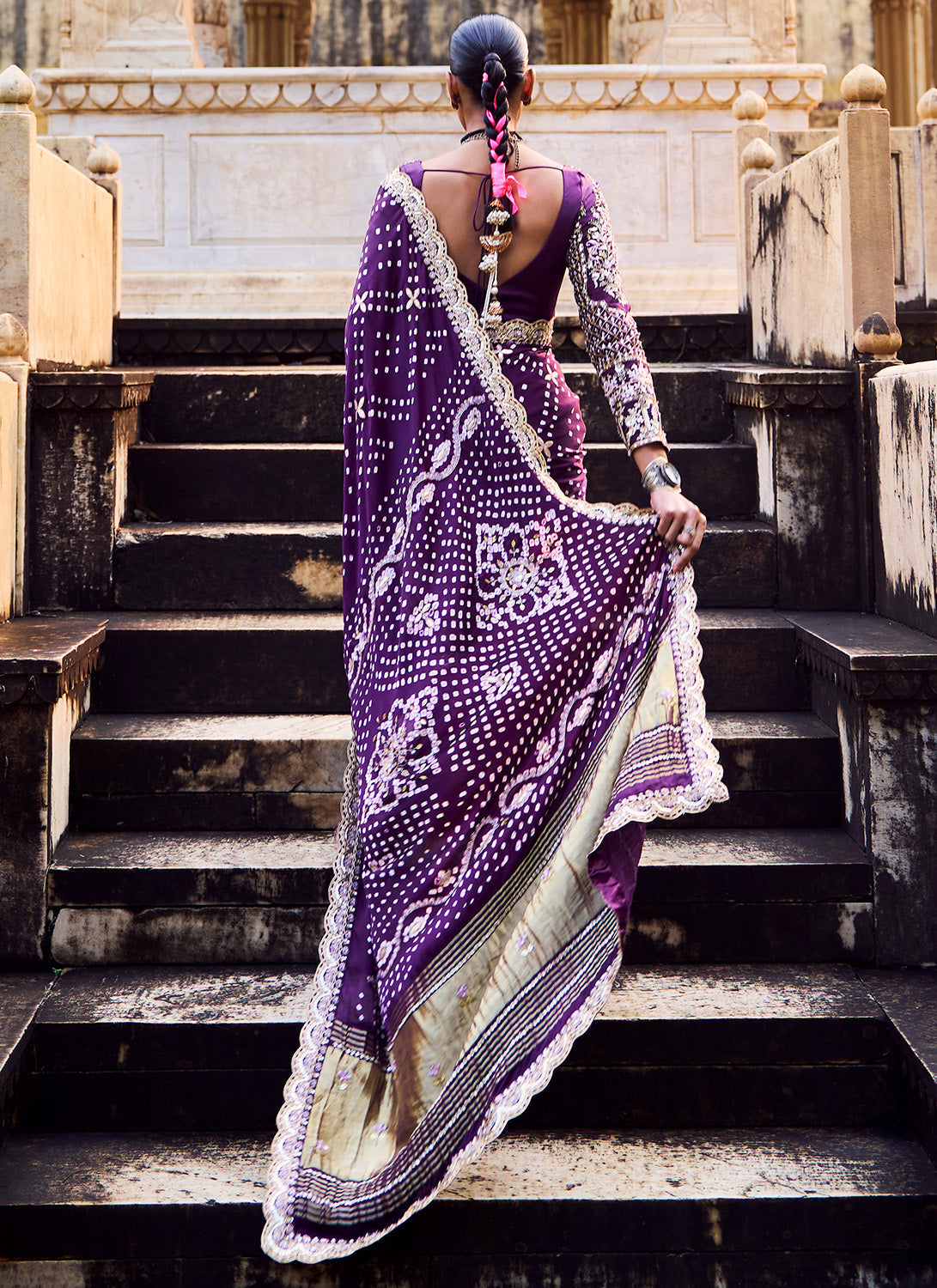 Deep Purple Embroidered Pure Bandhani Saree