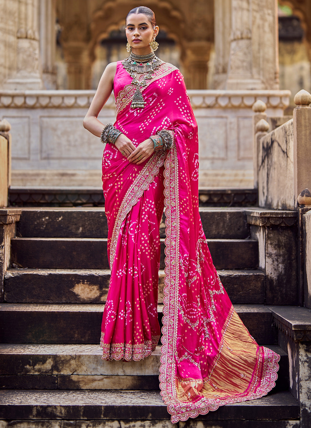 Pink Embroidered Pure Bandhani Saree