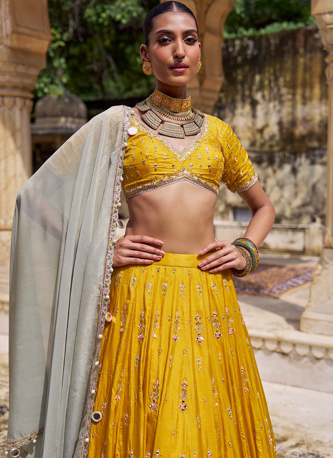 Yellow Embroidered Viscose Silk Lehenga