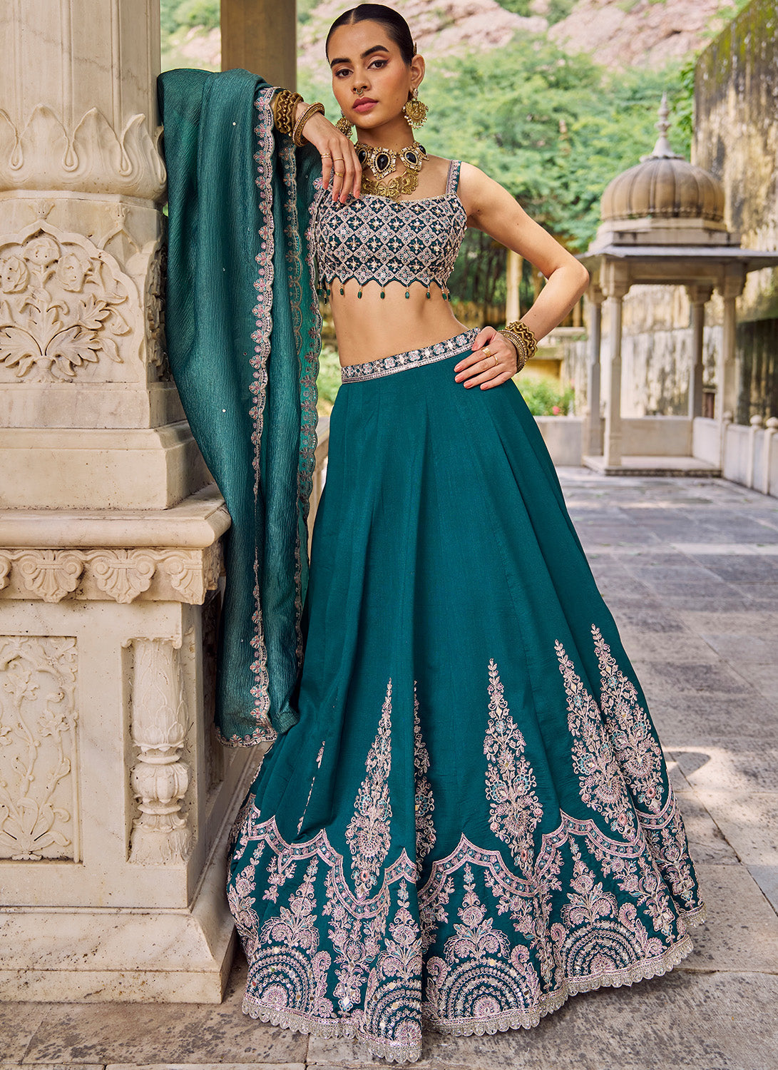 Teal Green Embroidered Silk Lehenga