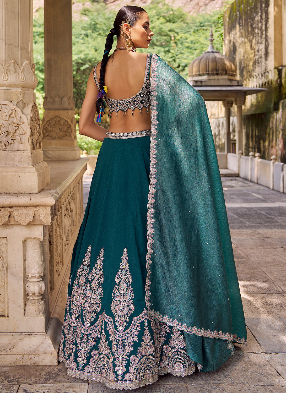 Teal Green Embroidered Silk Lehenga