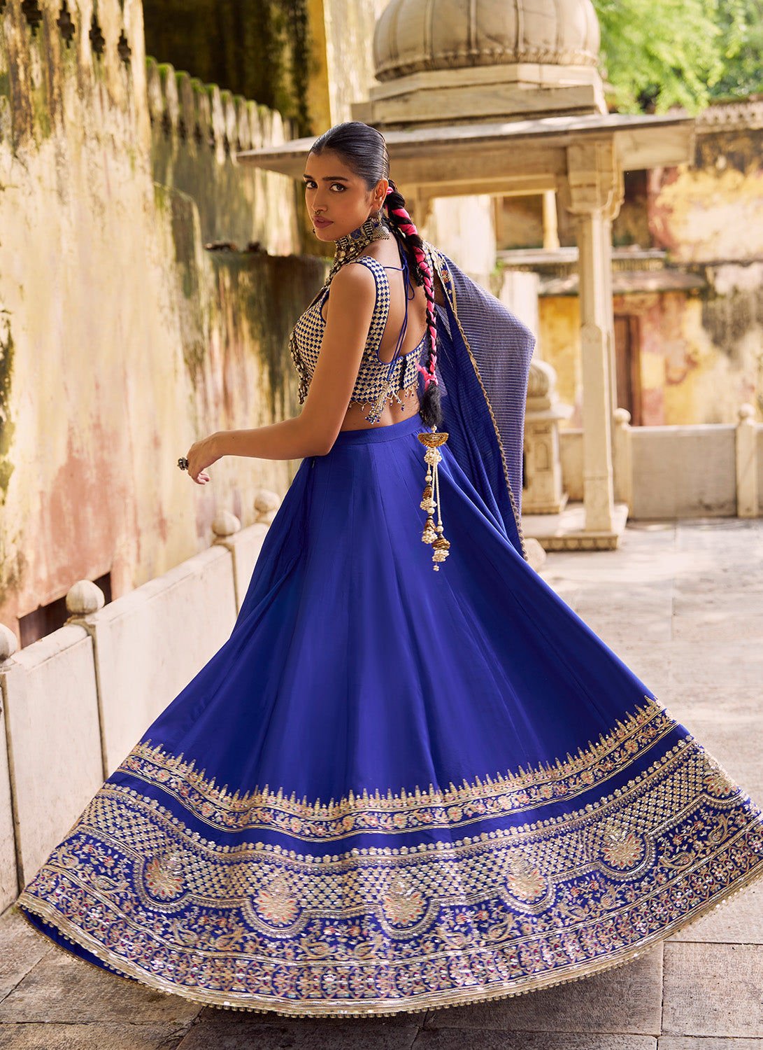 Blue Embroidered Viscose Crepe Lehenga