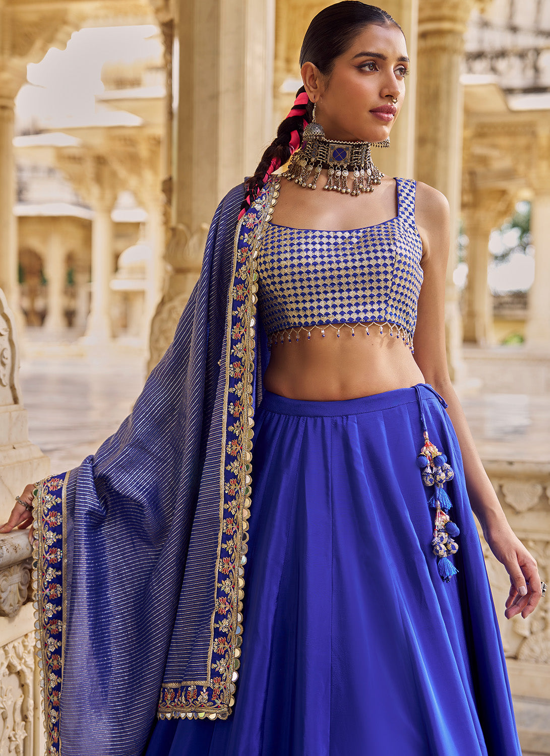 Blue Embroidered Viscose Crepe Lehenga