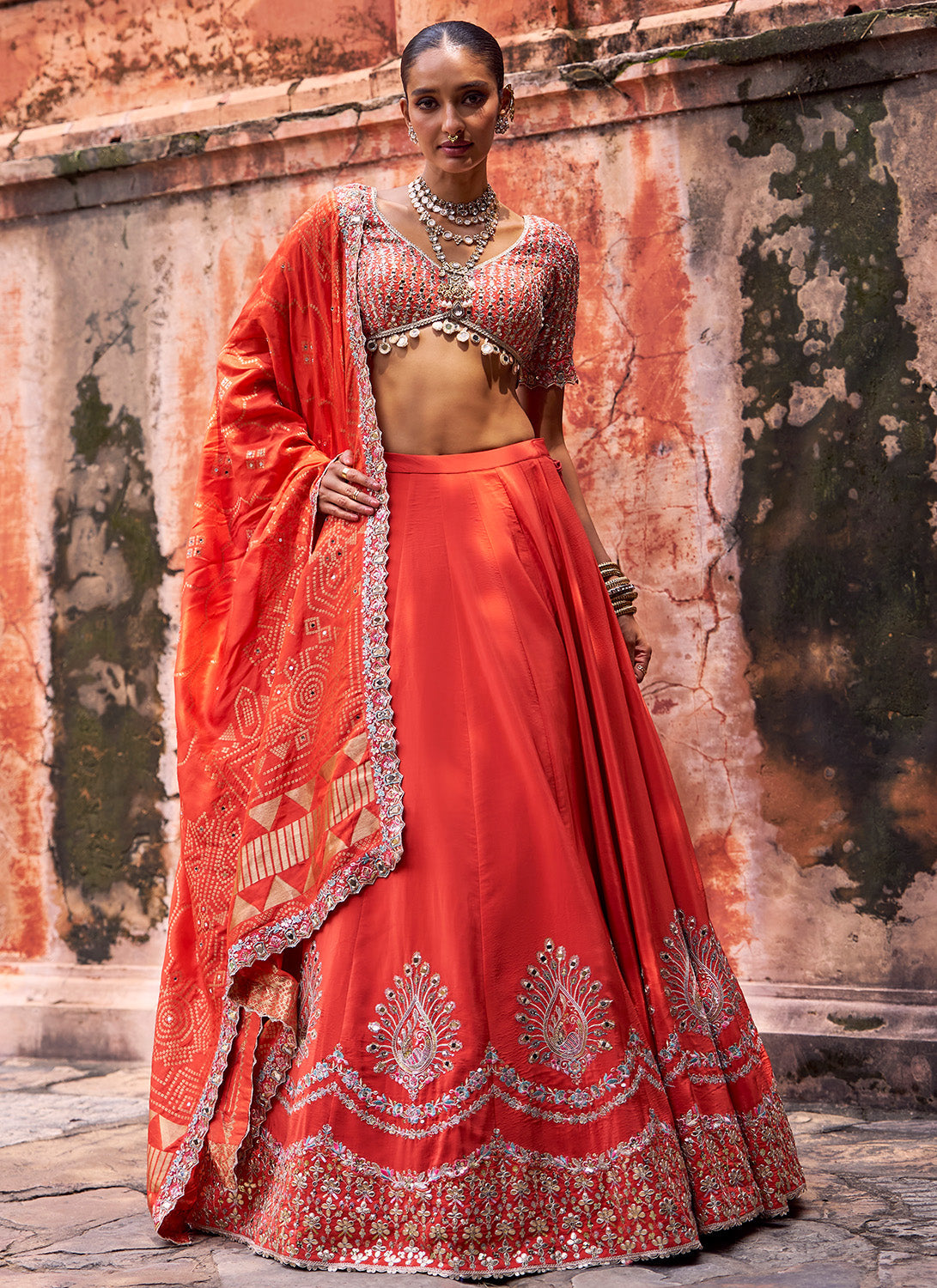 Orange Embroidered Viscose Silk Lehenga
