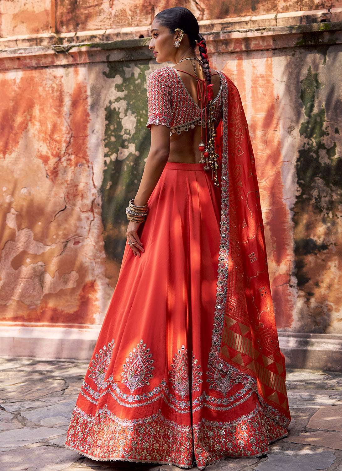Orange Embroidered Viscose Silk Lehenga