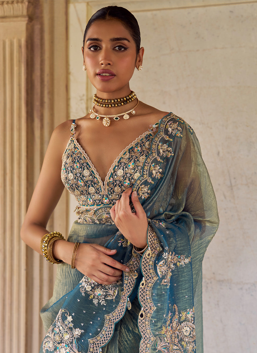 Teal Green Embroidered Saree