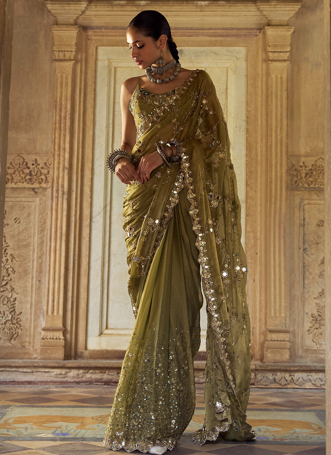 Moss Green Embroidered Tissue Saree