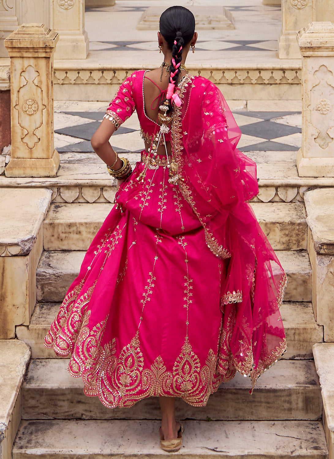 Hot Pink Embroidered Silk Lehenga