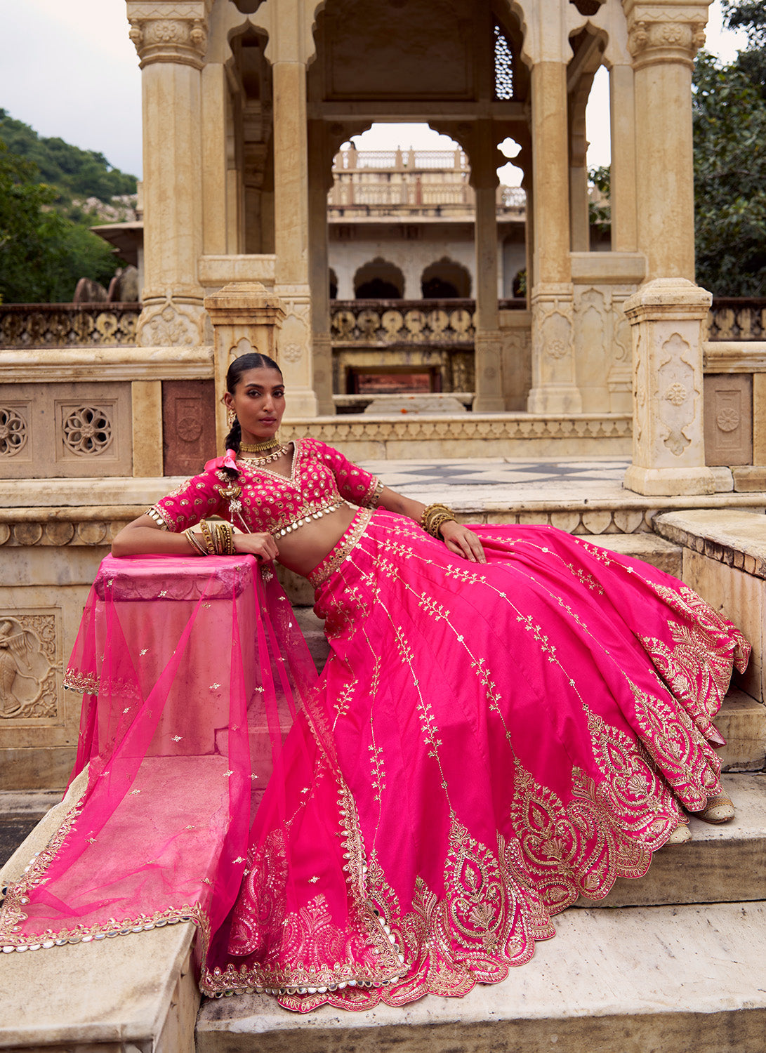 Hot Pink Embroidered Silk Lehenga