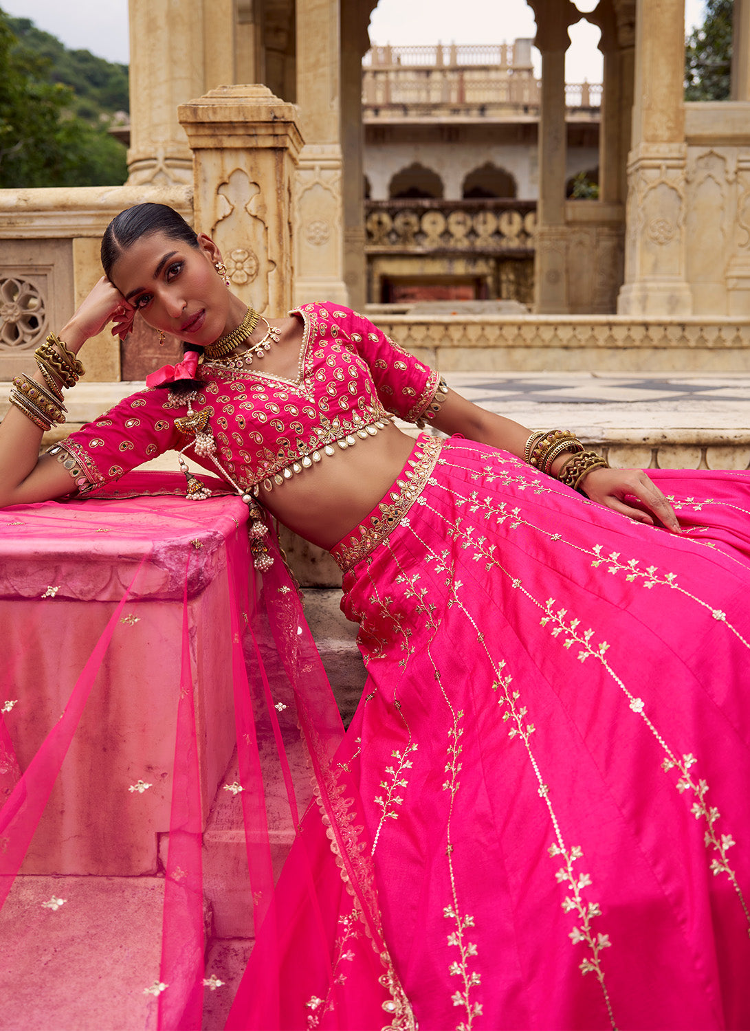 Hot Pink Embroidered Silk Lehenga