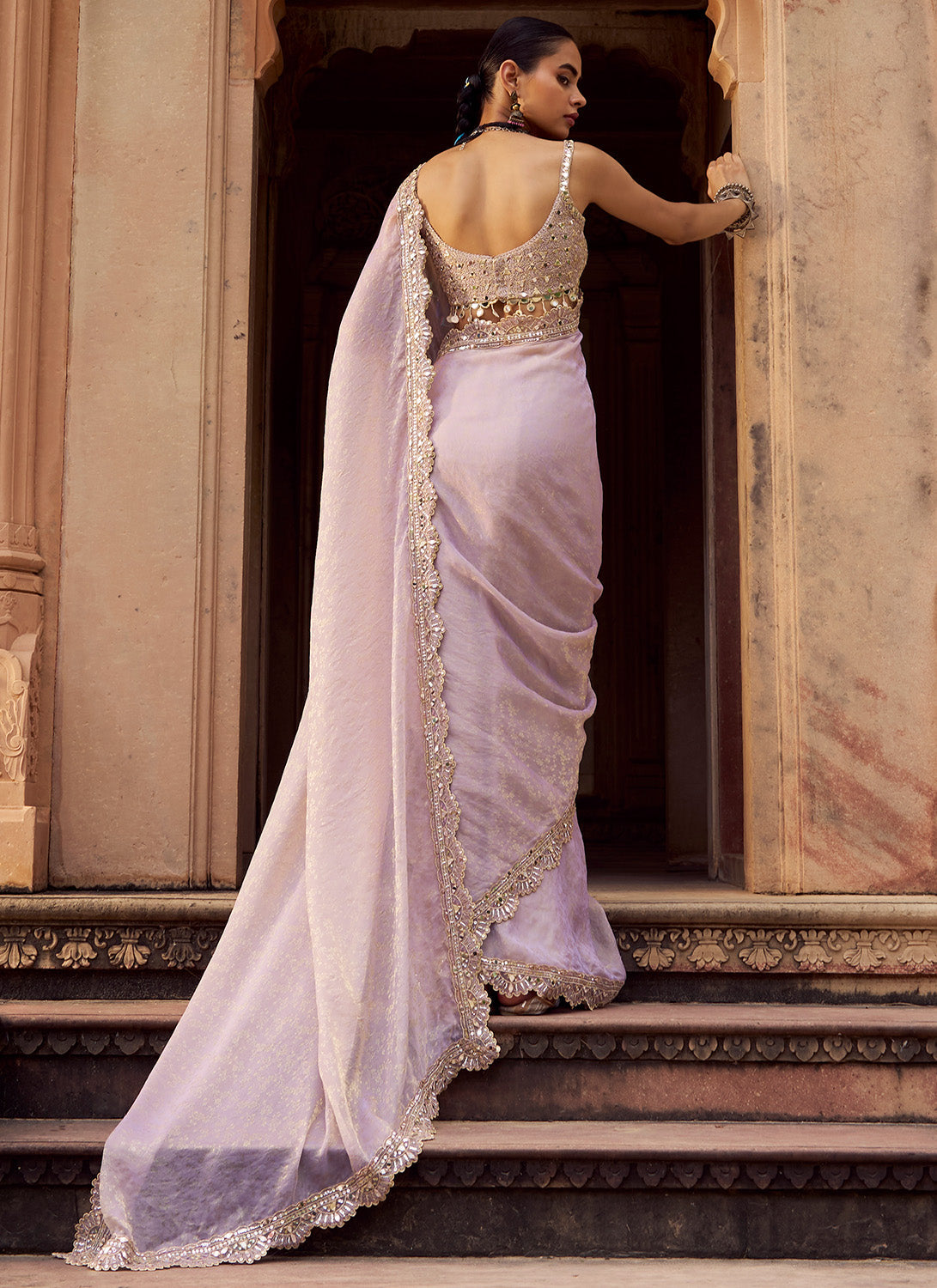 Dusty Lilac Embroidered Silk Saree