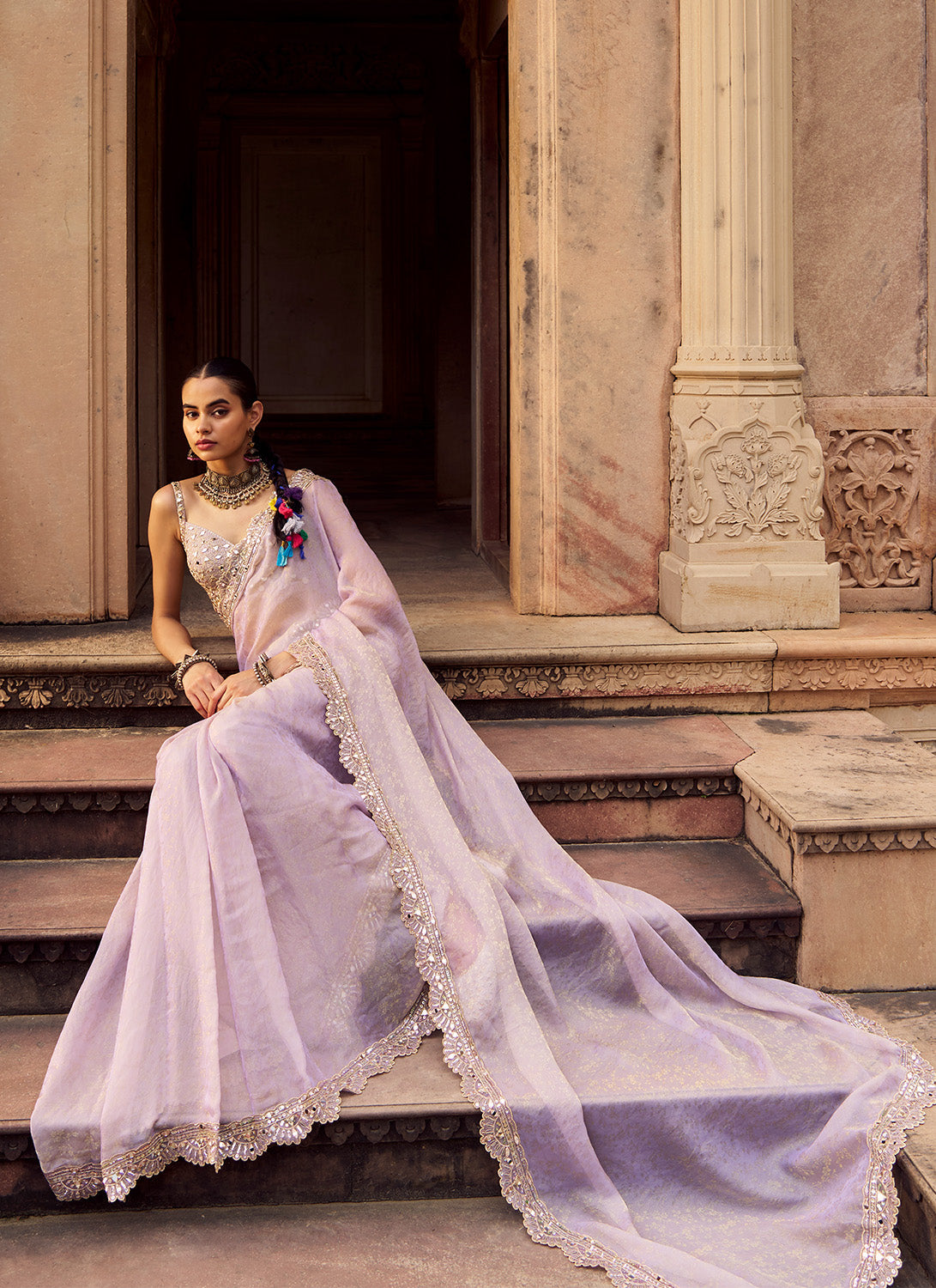 Dusty Lilac Embroidered Silk Saree