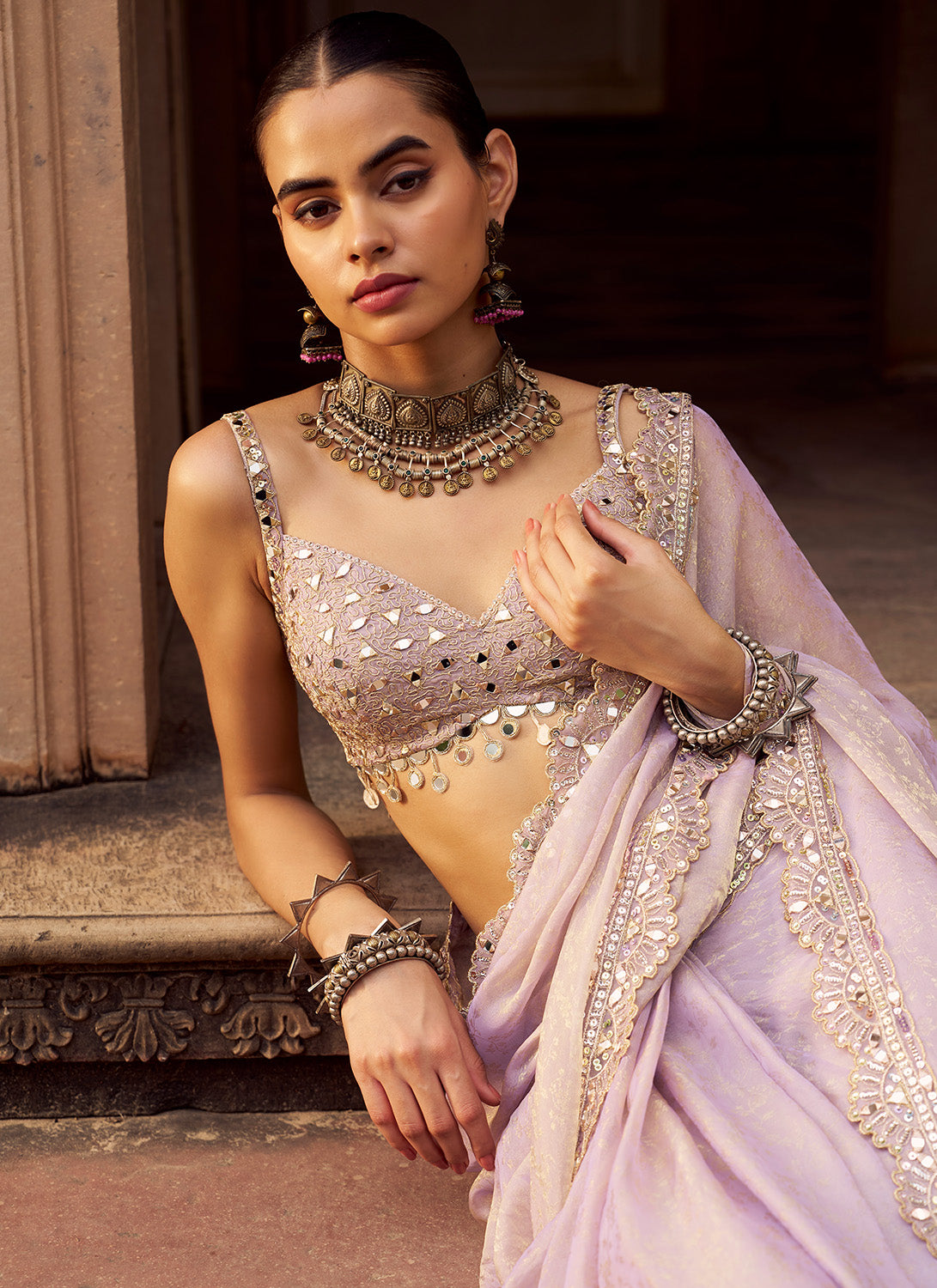 Dusty Lilac Embroidered Silk Saree