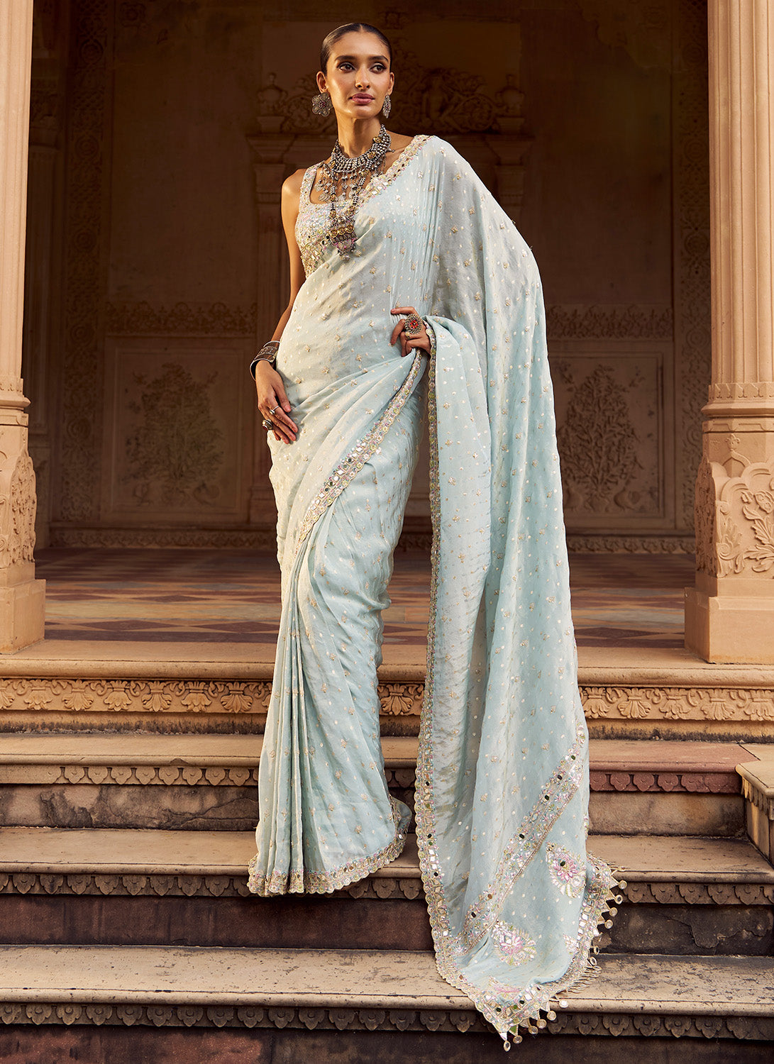 Soft Blue Embroidered Viscose Silk Saree