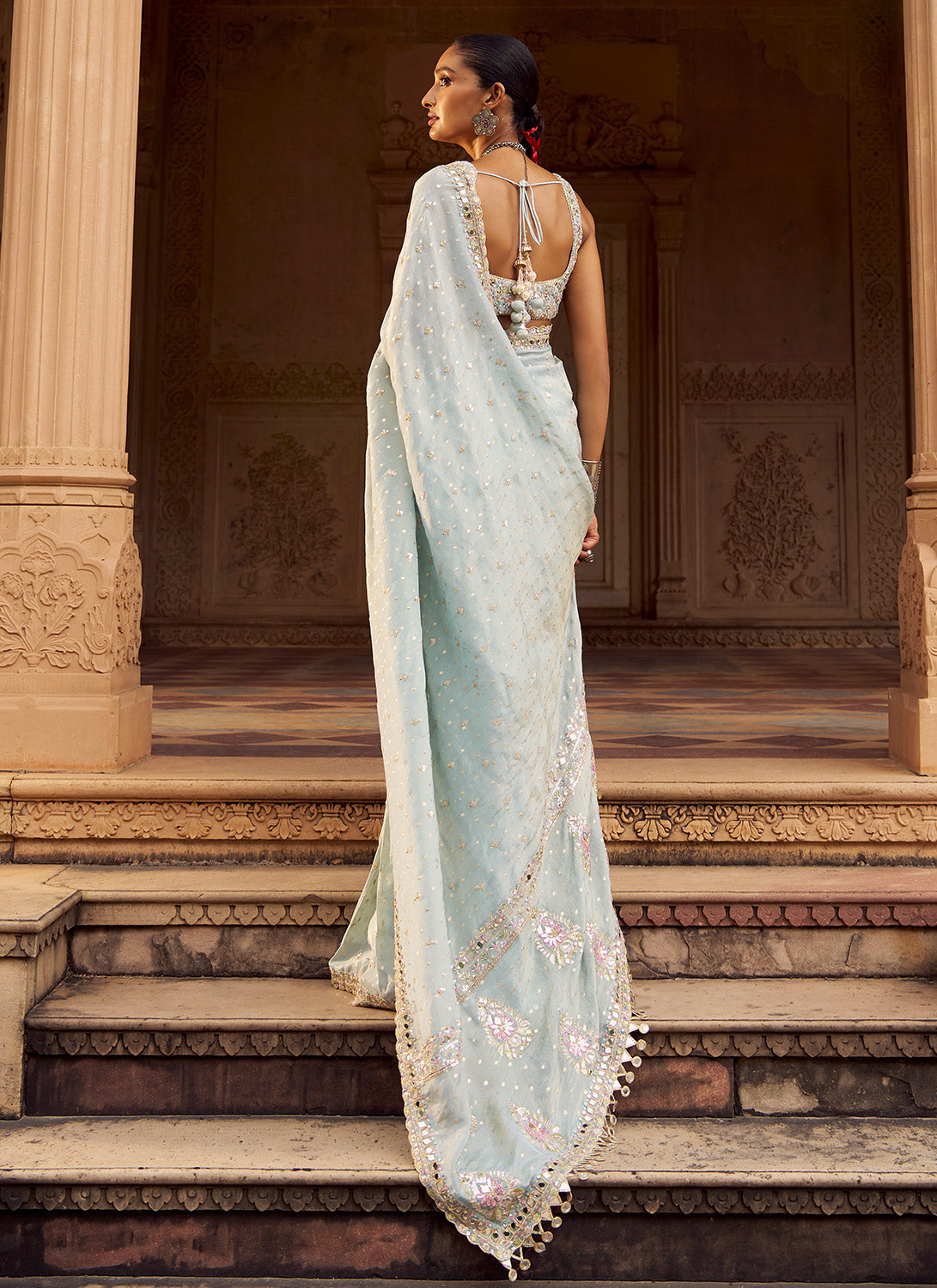 Soft Blue Embroidered Viscose Silk Saree