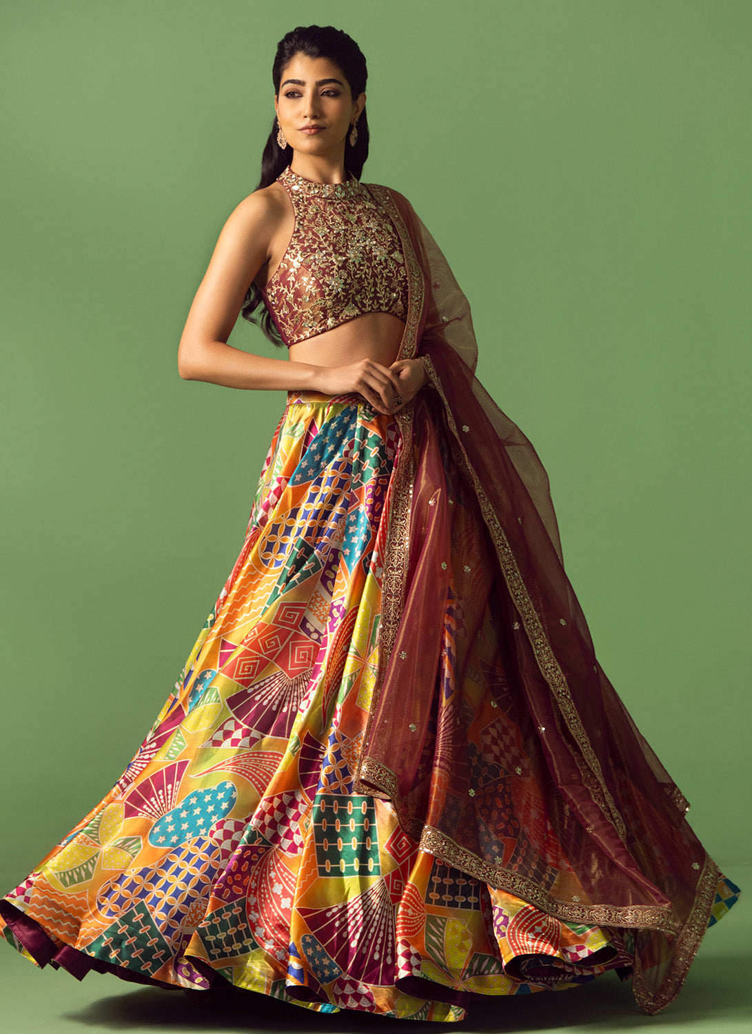 Maroon Multicolor Printed Lehenga