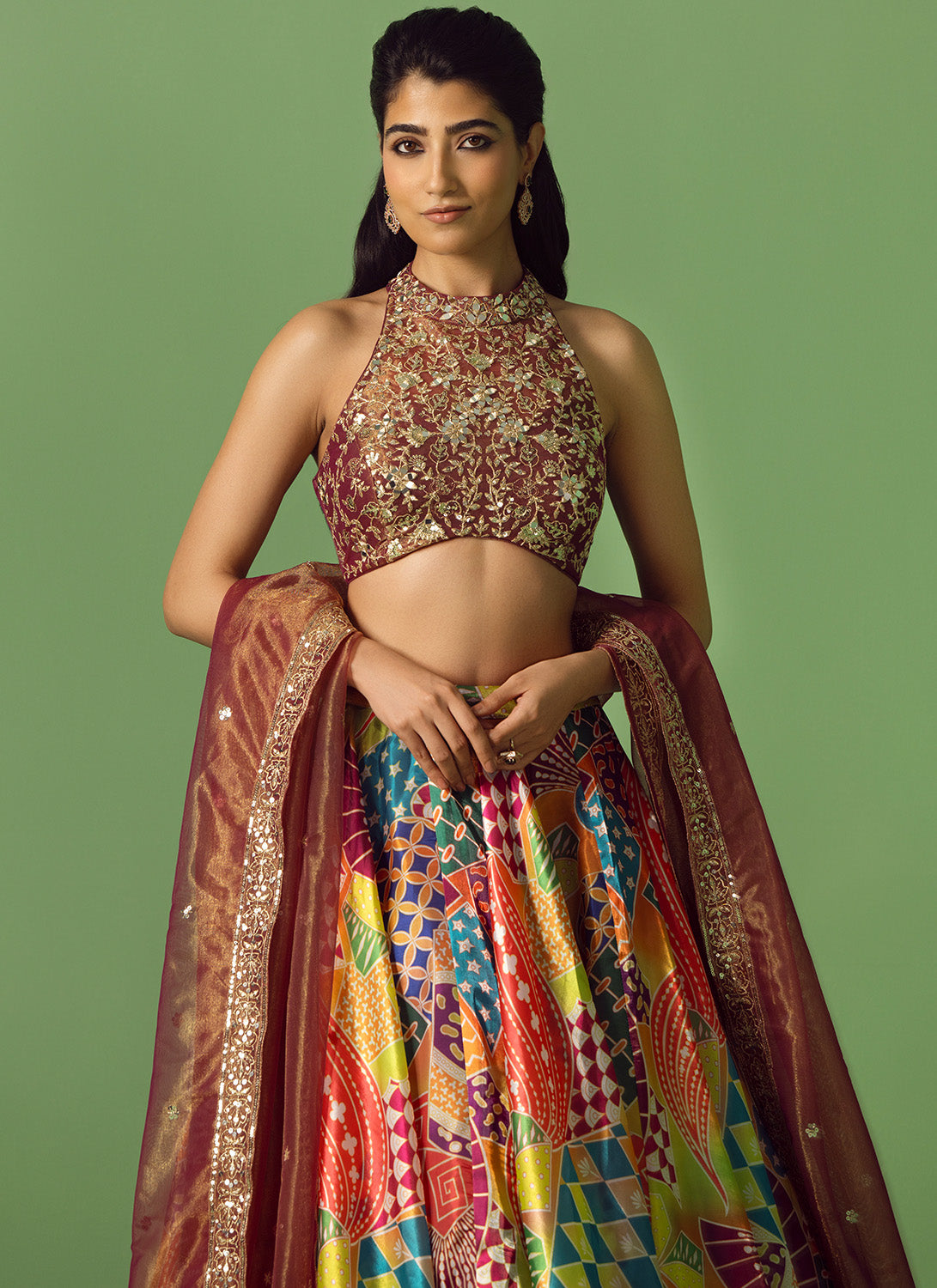 Maroon Multicolor Printed Lehenga
