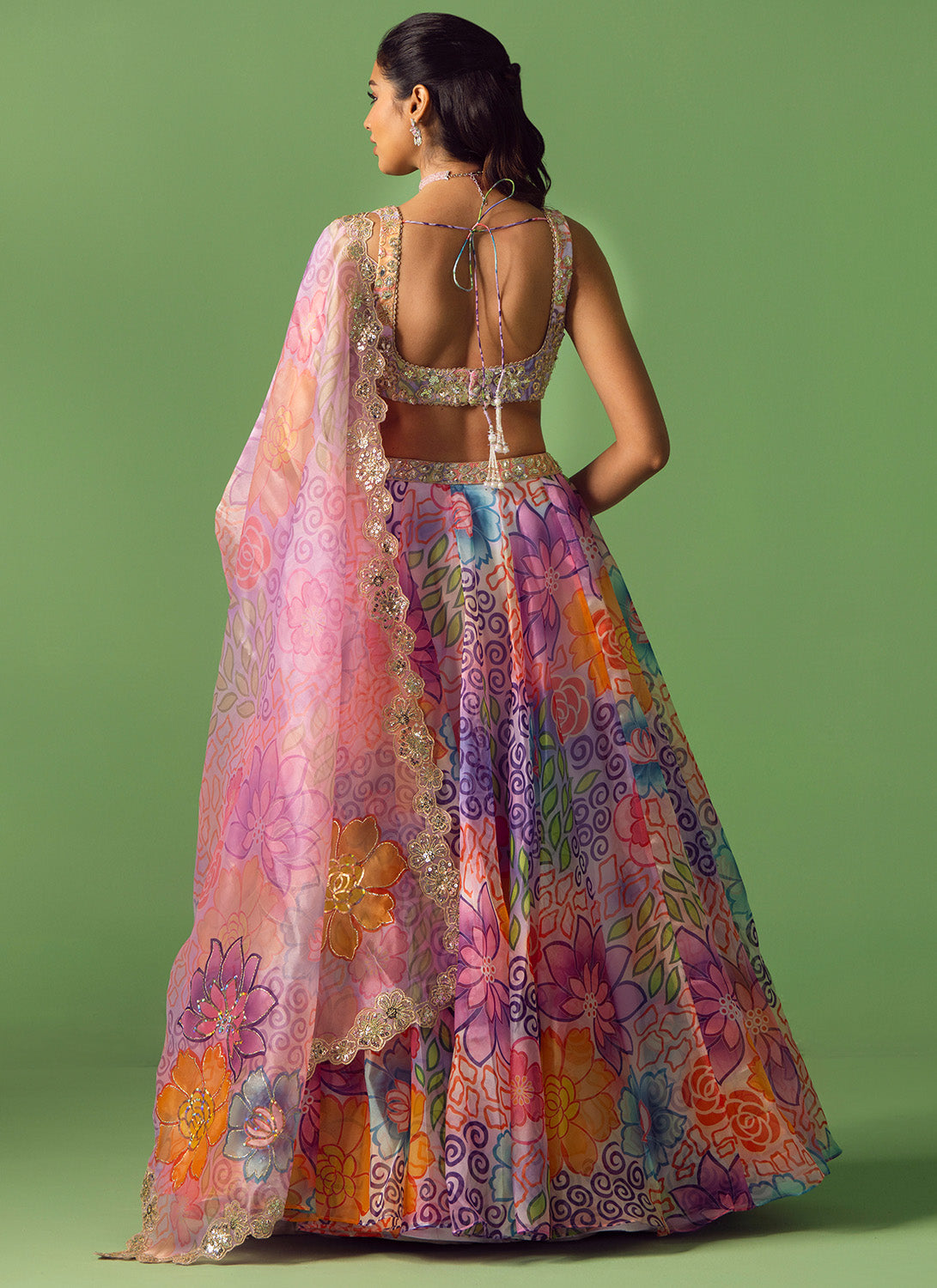 Purple Multicolor Floral Printed Organza Lehenga
