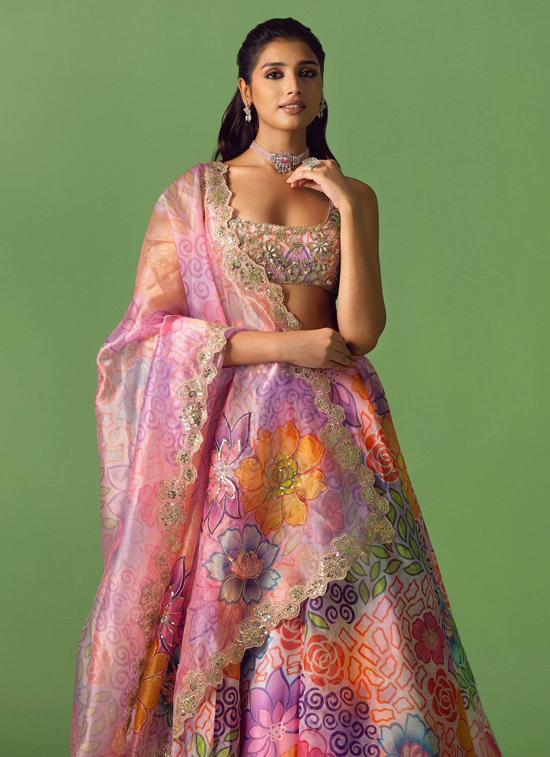 Purple Multicolor Floral Printed Organza Lehenga