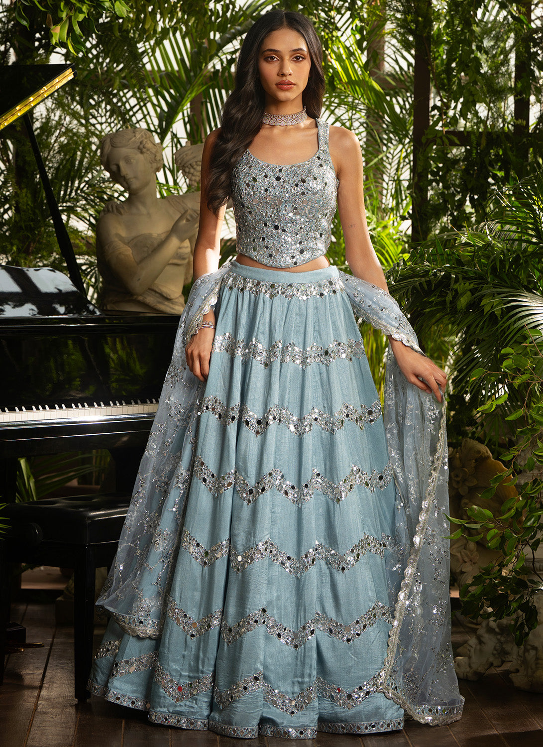 Dusty Blue Embroidered Pure Silk Lehenga