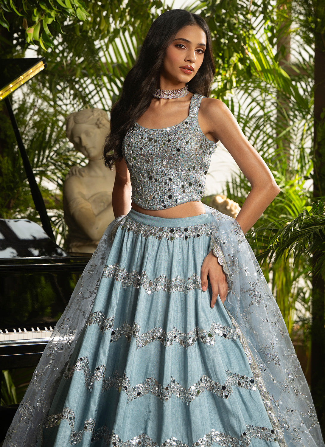 Dusty Blue Embroidered Pure Silk Lehenga