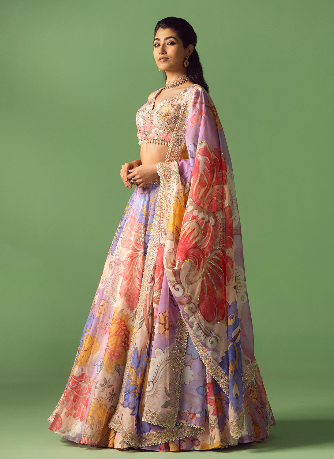 Multicolor Floral Printed Organza Lehenga