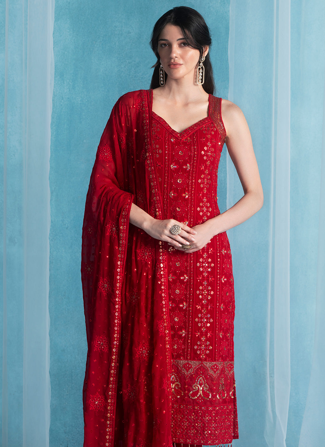 Maroon Embroidered Lucknowi Straight Suit