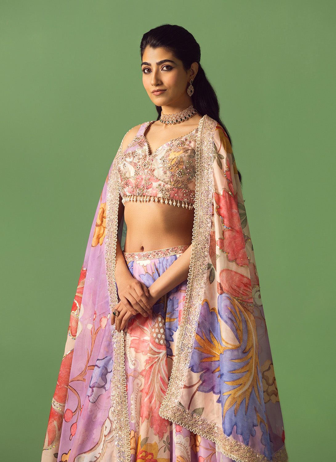 Multicolor Floral Printed Organza Lehenga