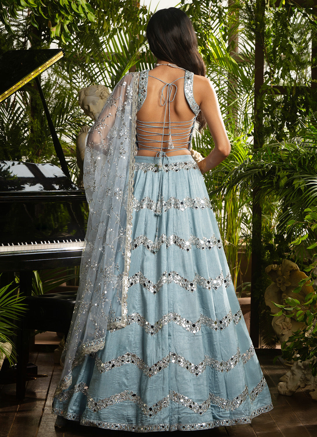 Dusty Blue Embroidered Pure Silk Lehenga