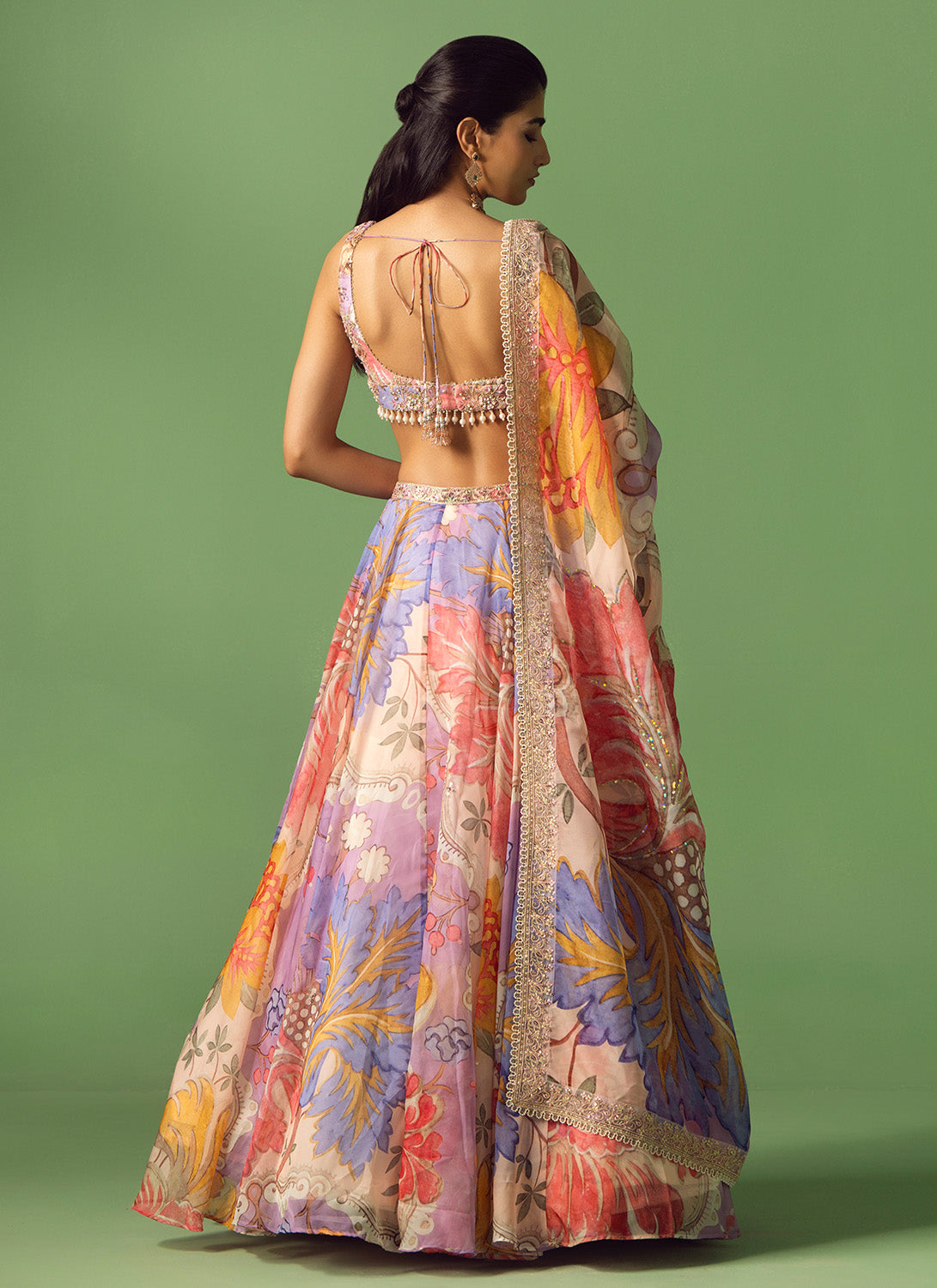 Multicolor Floral Printed Organza Lehenga
