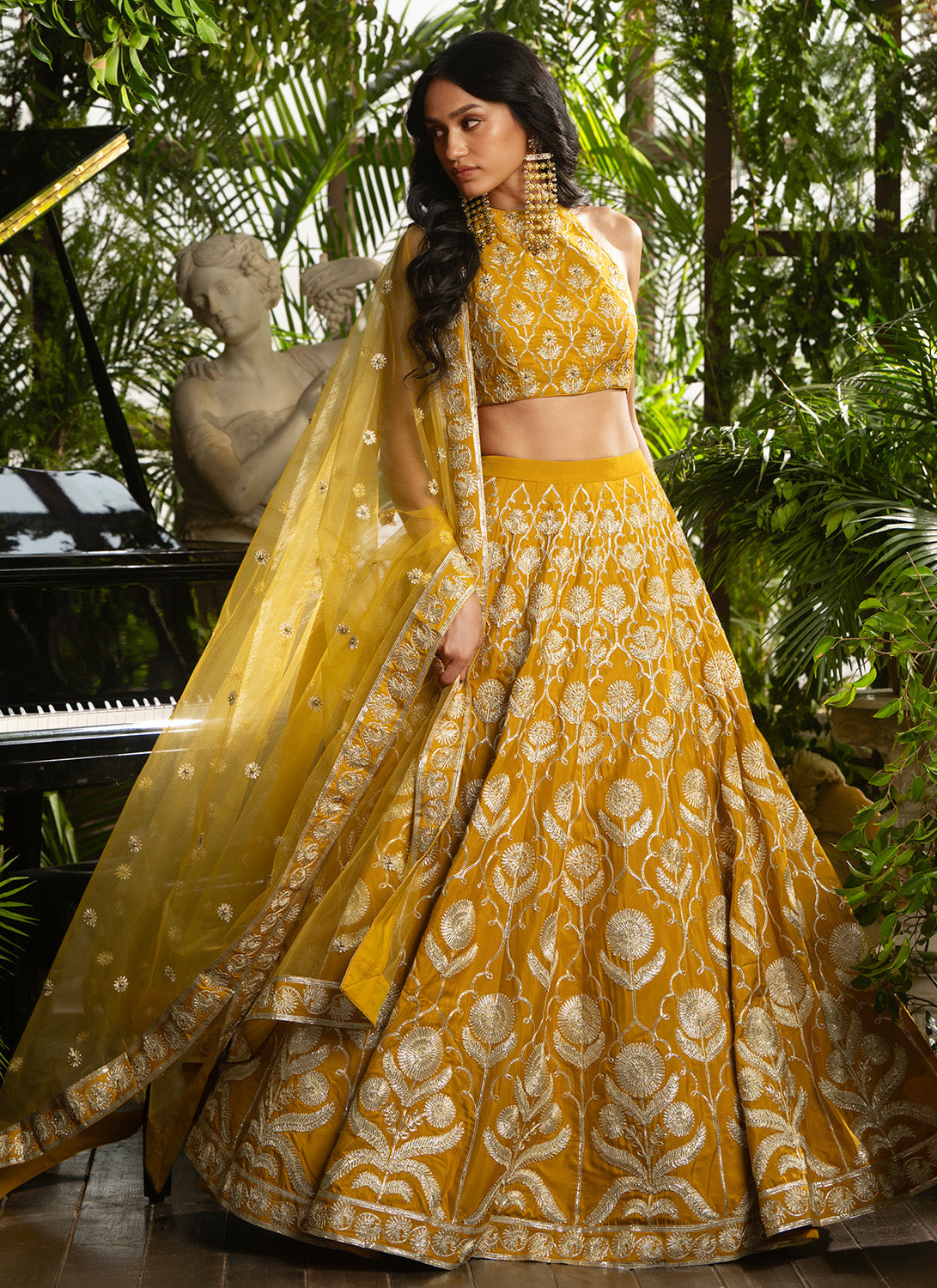 Mustard Embroidered Crepe Lehenga
