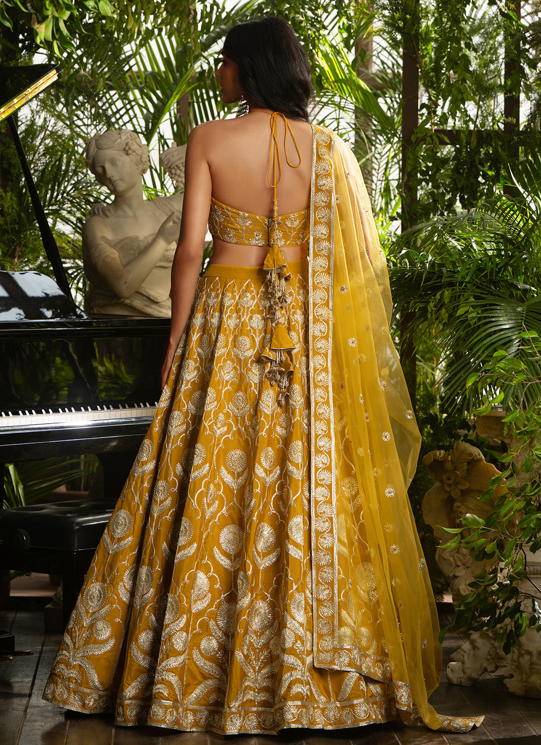 Mustard Embroidered Crepe Lehenga
