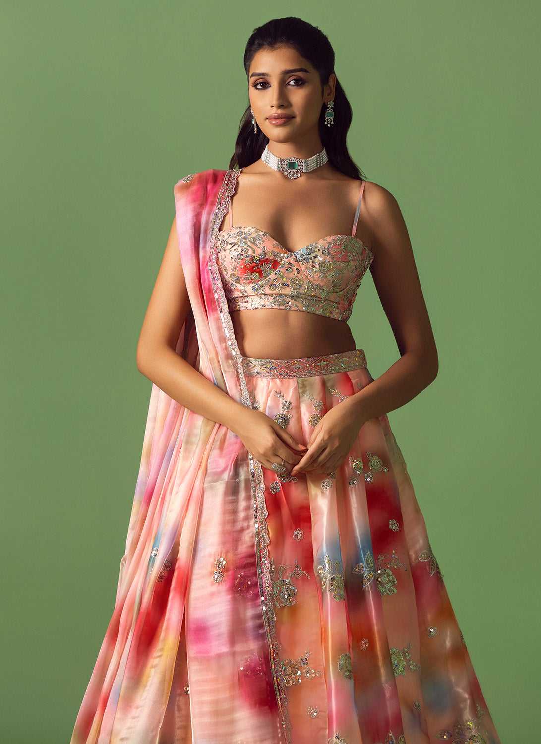 Peach Multicolor Tie-Dye Embroidered Lehenga