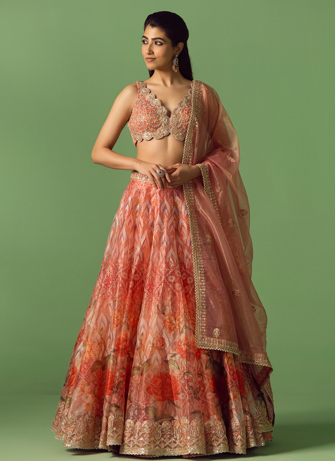 Peach Multicolor Floral Printed Organza Lehenga