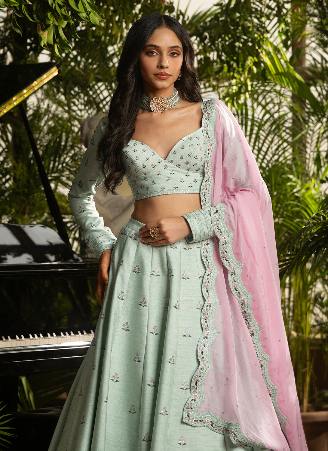Mint Green Multicolor Raw Silk Lehenga