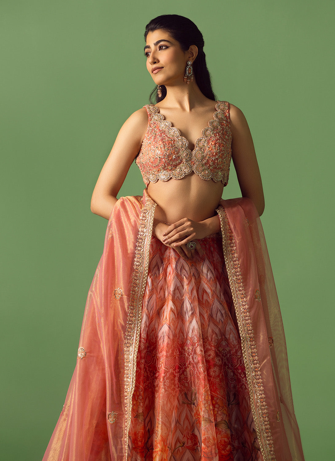 Peach Multicolor Floral Printed Organza Lehenga