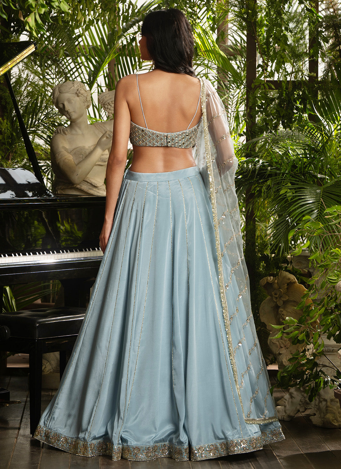 Dusty Blue Embroidered Crepe Silk Lehenga