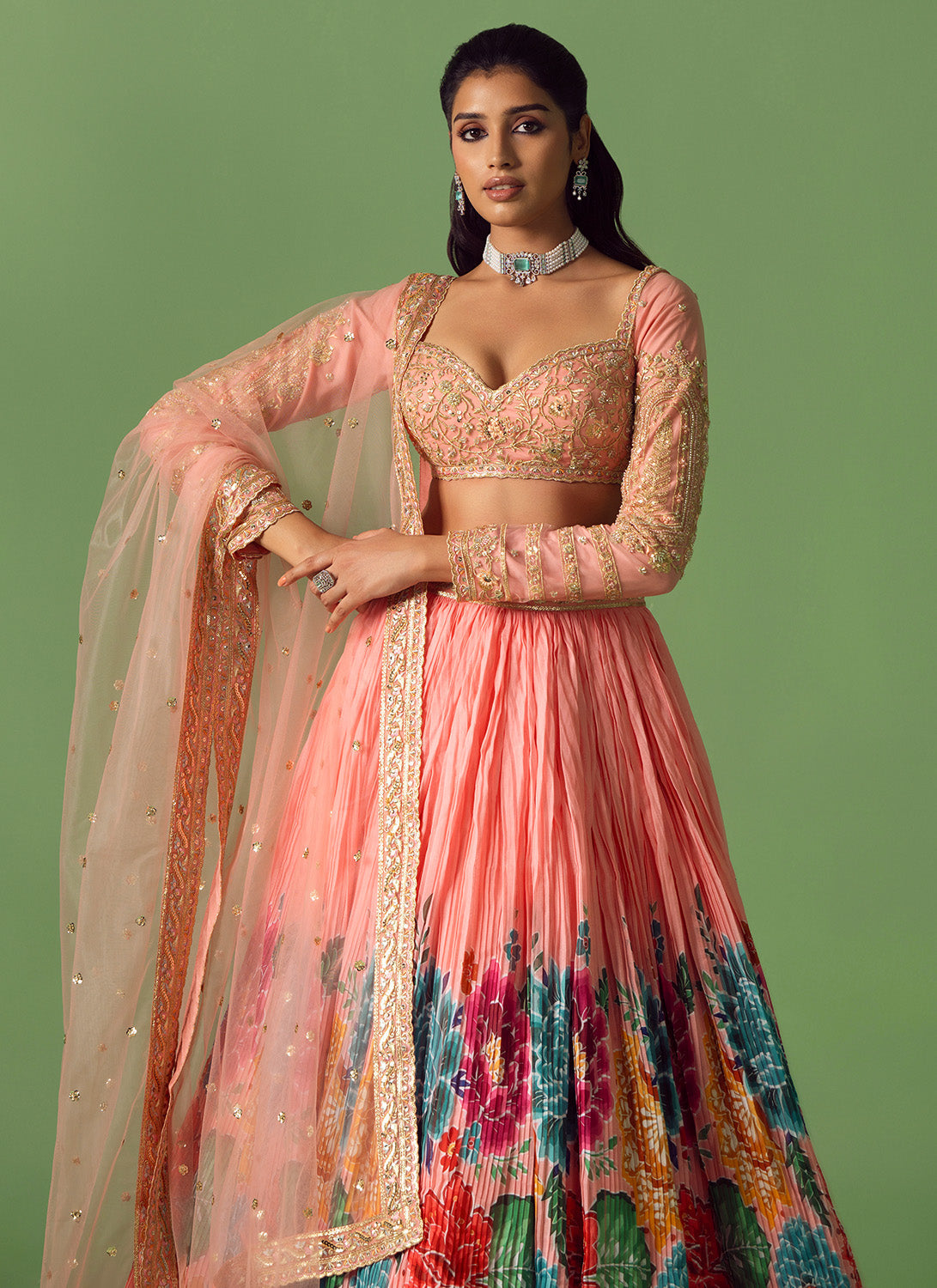 Peach Floral Printed Organza Lehenga