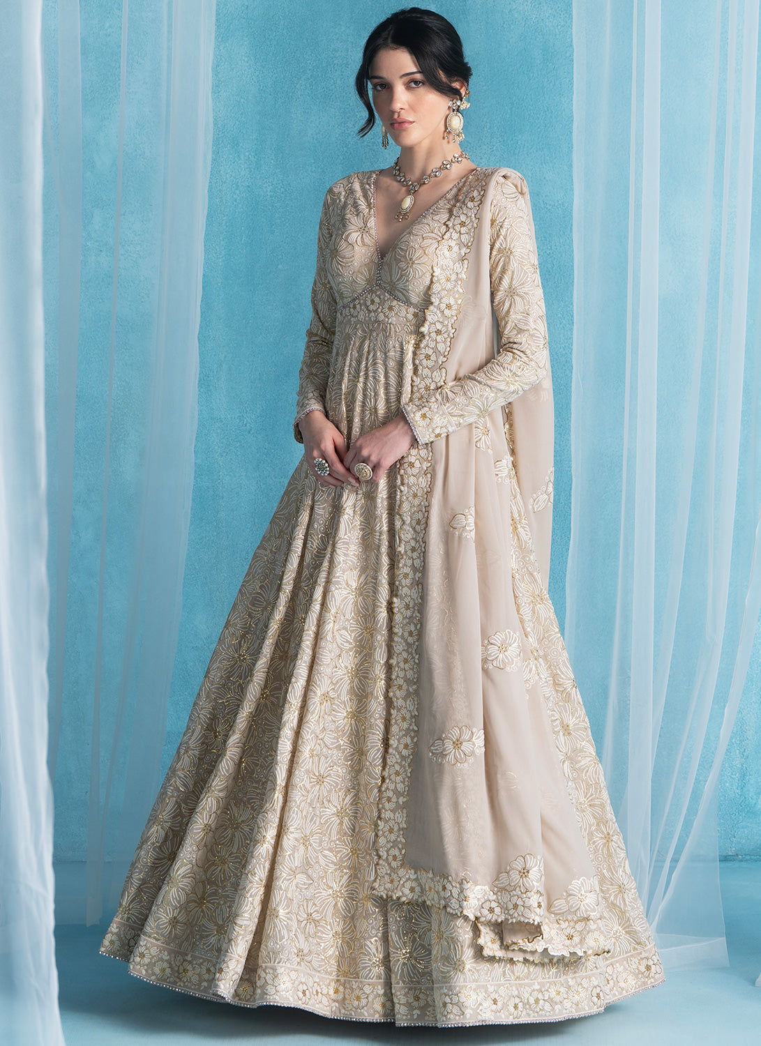 Dusty Beige Embroidered Lucknowi Anarkali