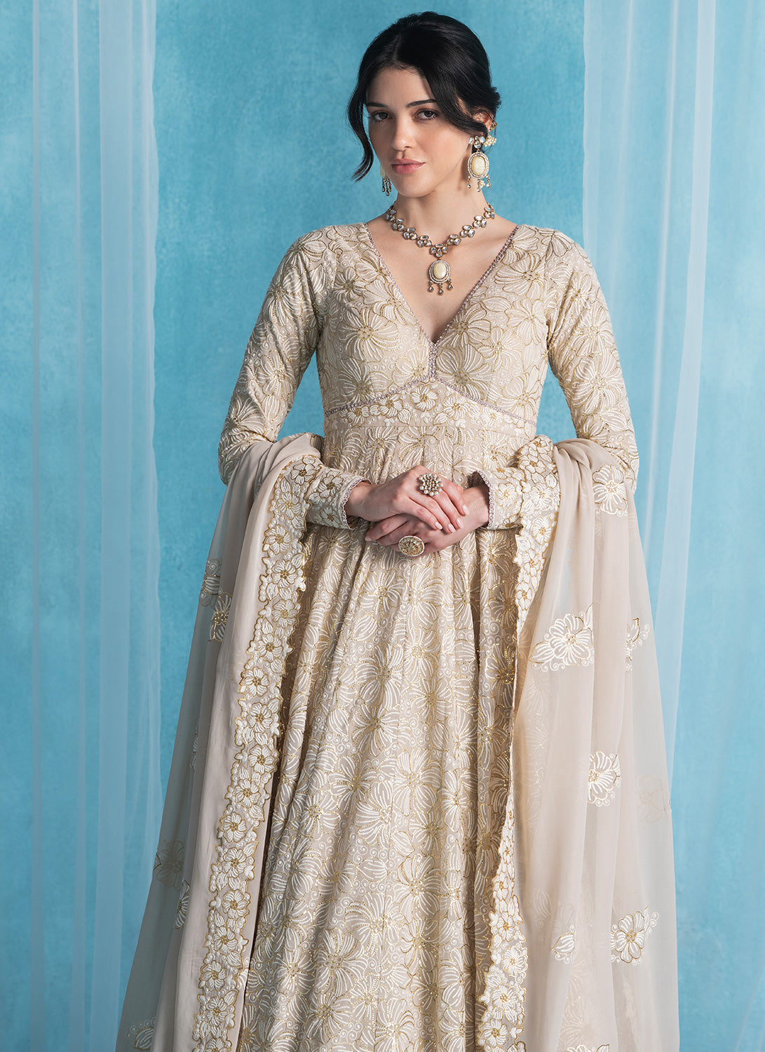 Dusty Beige Embroidered Lucknowi Anarkali