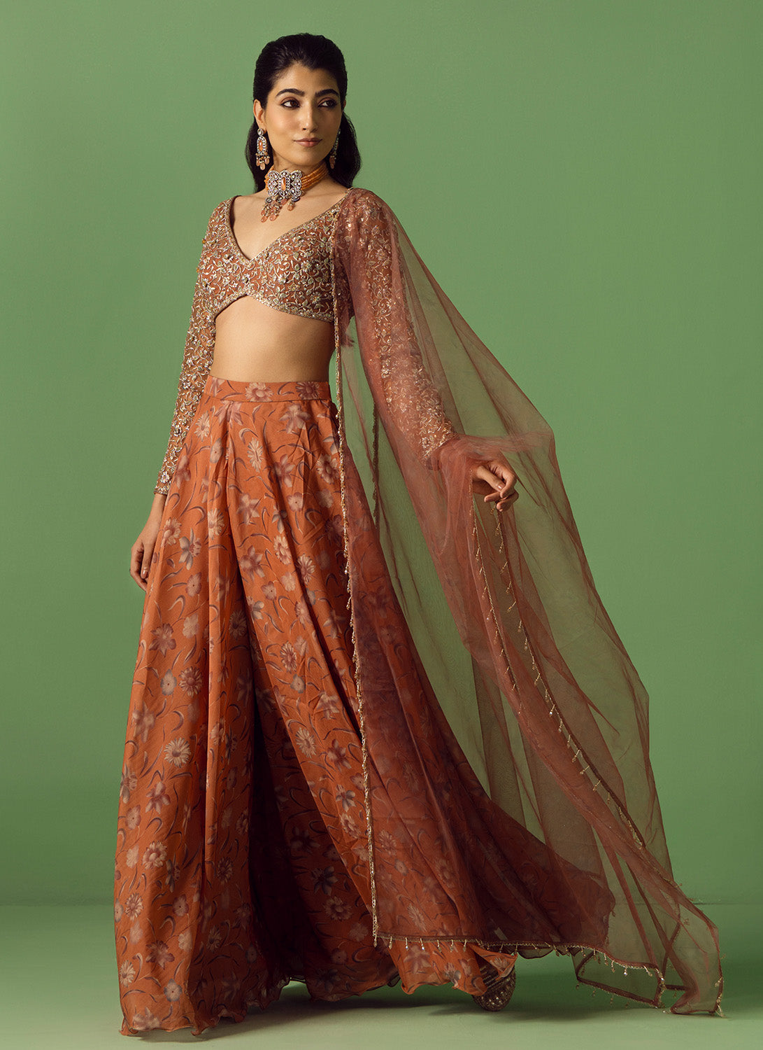 Rust Floral Printed Organza Sharara