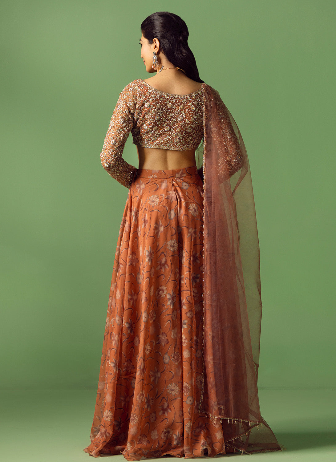 Rust Floral Printed Organza Sharara