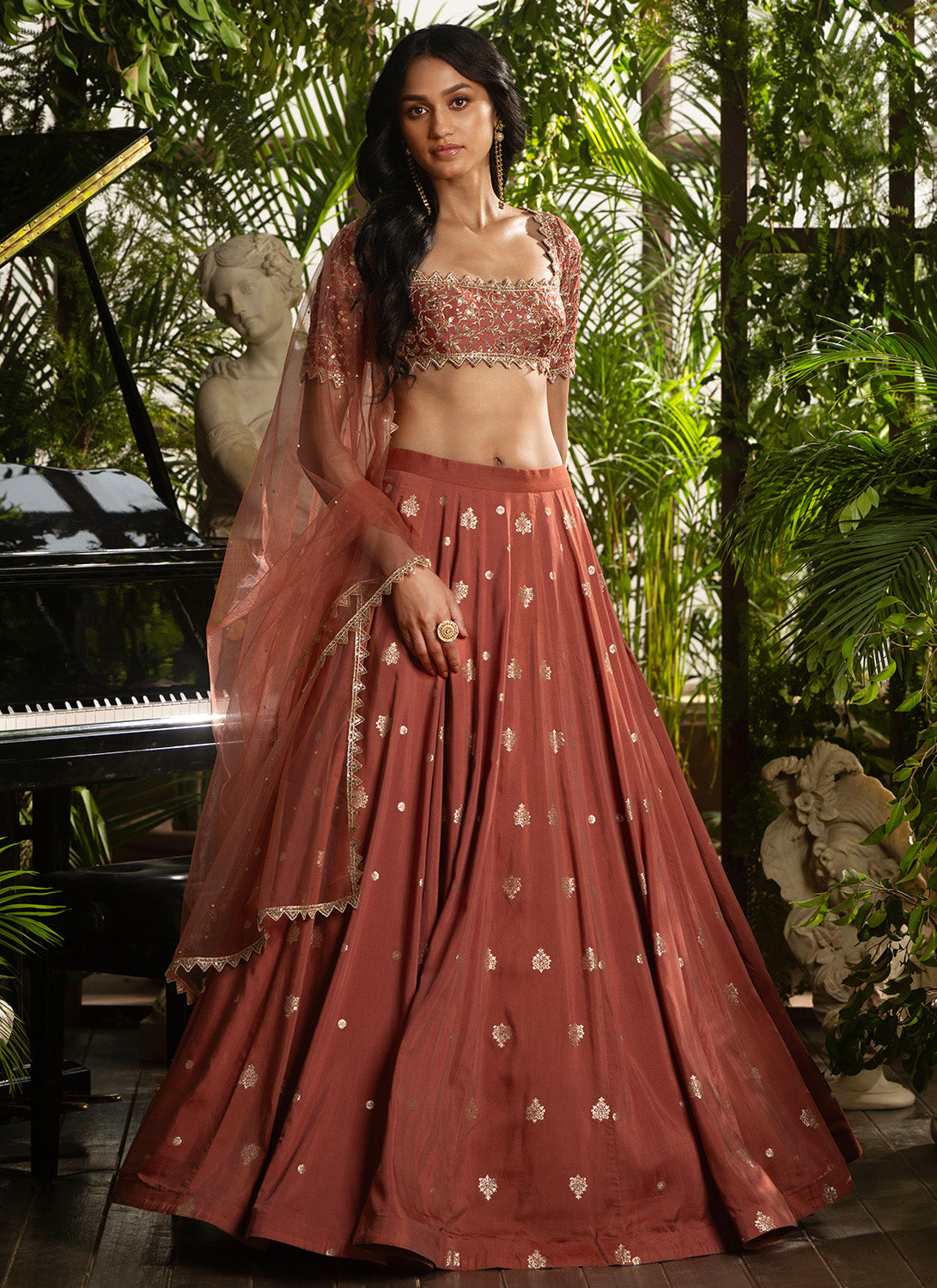Coral Embroidered Viscose Brocade Lehenga