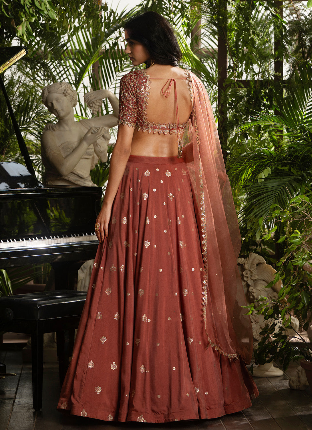 Coral Embroidered Viscose Brocade Lehenga