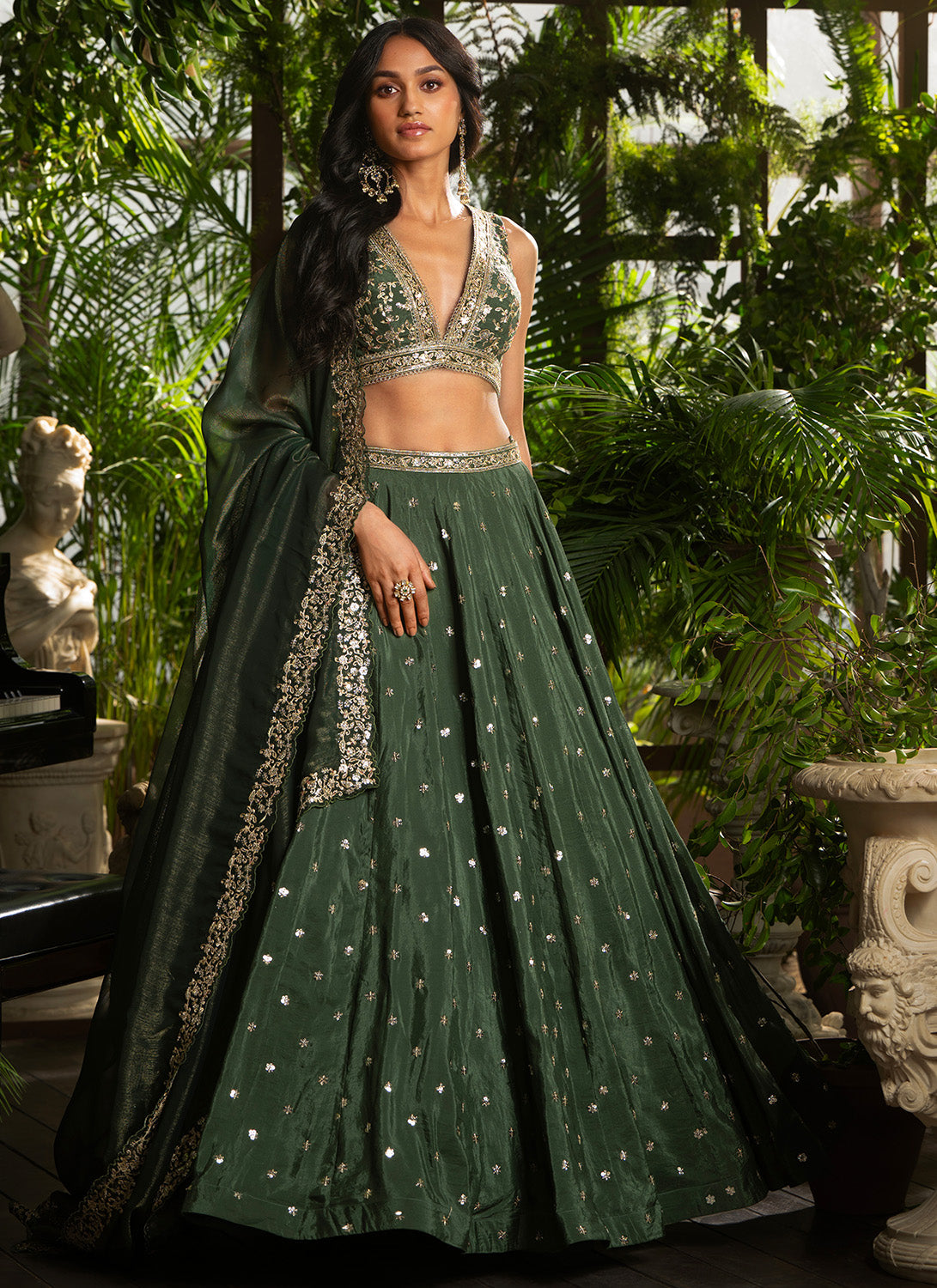 Dark Green Embroidered Crepe Silk Lehenga